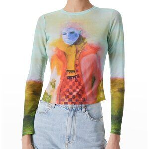 Alice + Olivia x KidSuper Delaina Mesh Crop Top T Shirt Tee Blue Green M